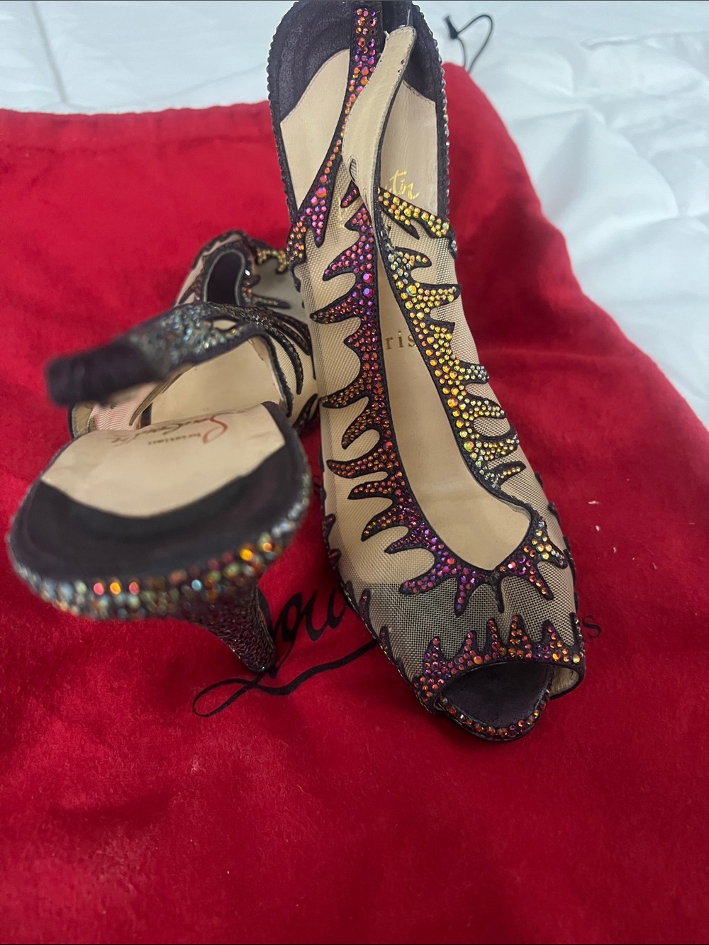 Christian Louboutin Black Mesh Peep-Toe Heels with Multicolor Crystal Accents